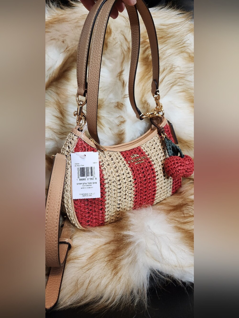 Coach Red and Tan Crochet Shoulder Bag with Cherry Charm